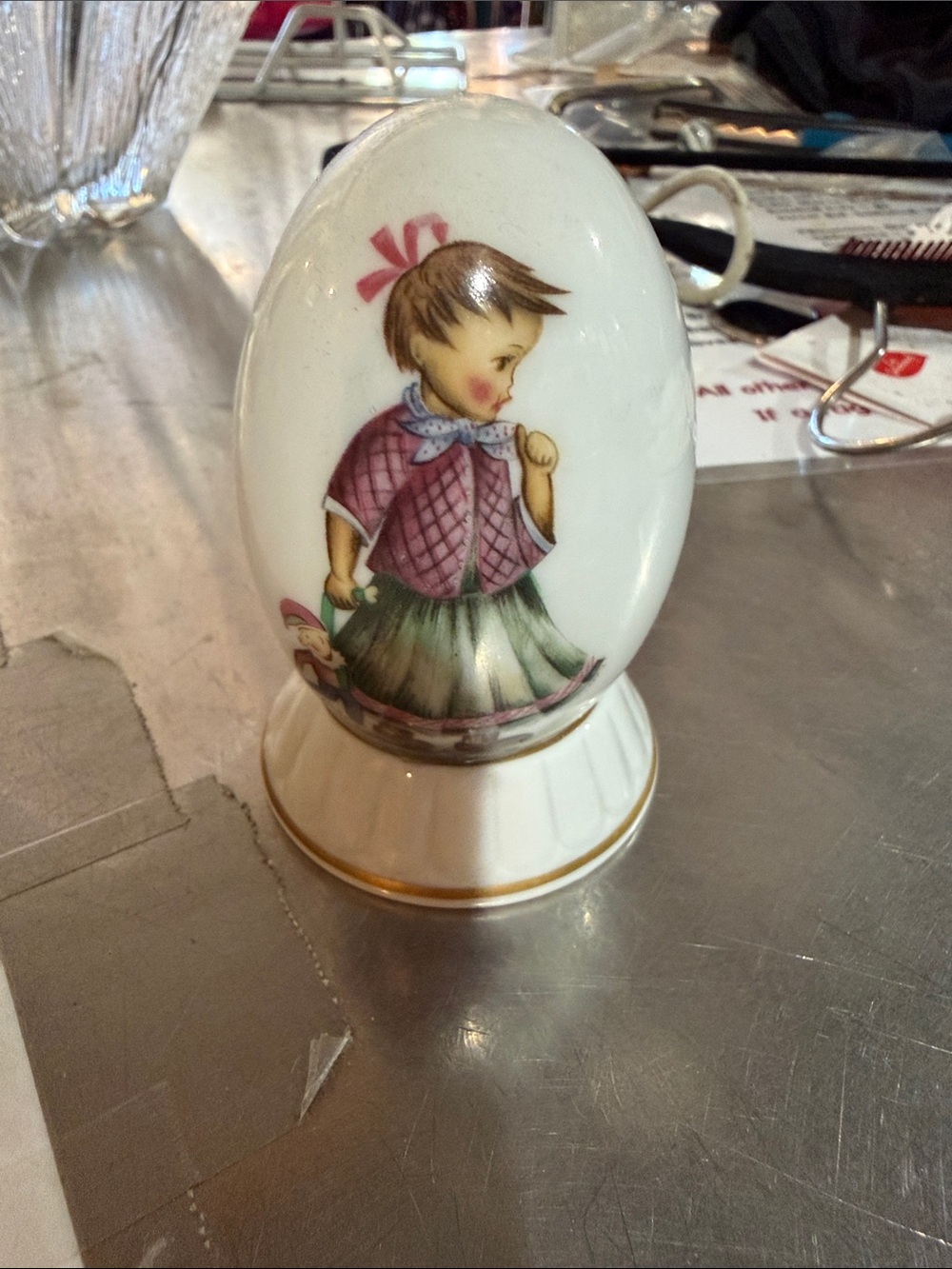 Vintage Porcelain Egg Figurine with Girl Motif - White, Pink, Green